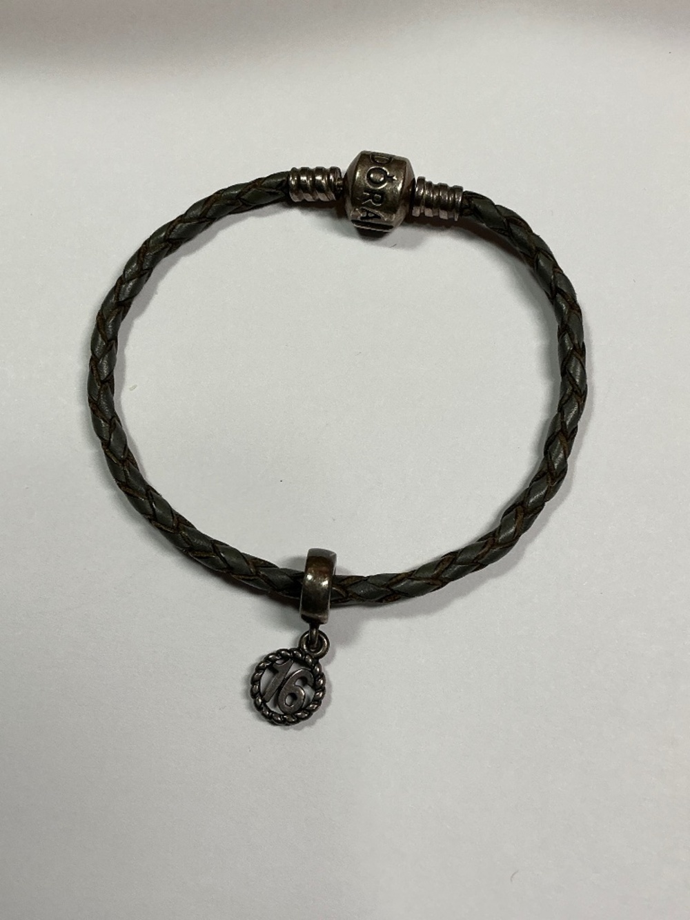 Authentic Pandora Leather Braided Bracelet W/ Sterling Silver 16 Charm